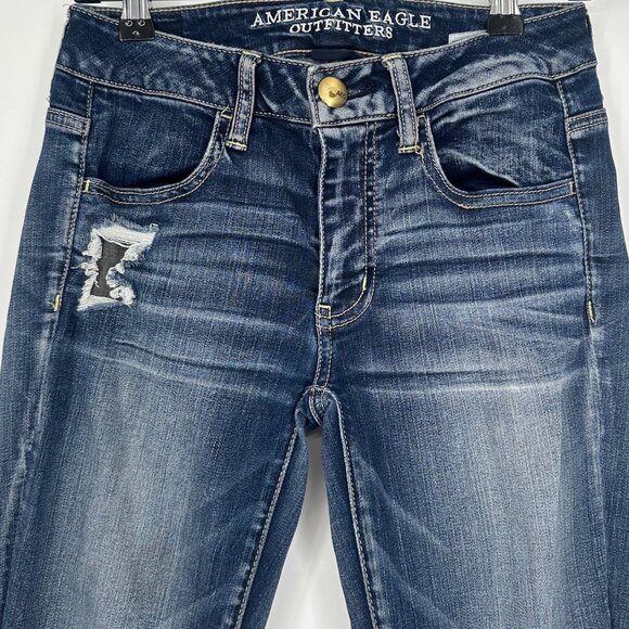 American Eagle Women’s Distressed Skinny Dark Wash Stretch Jeans Size 2 - Picture 3 of 7
